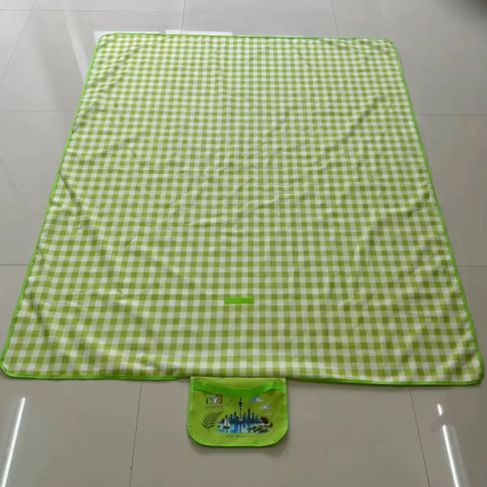MC Bear NZ Picnic Mat in green gingham, laid out to 180 x 150 cm