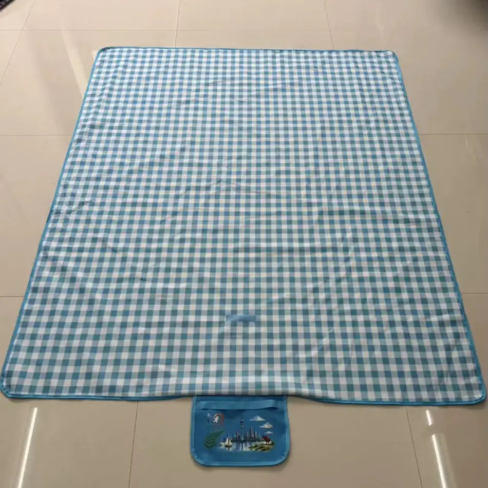 MC Bear NZ Picnic Mat in blue gingham, laid out to 180 x 150 cm