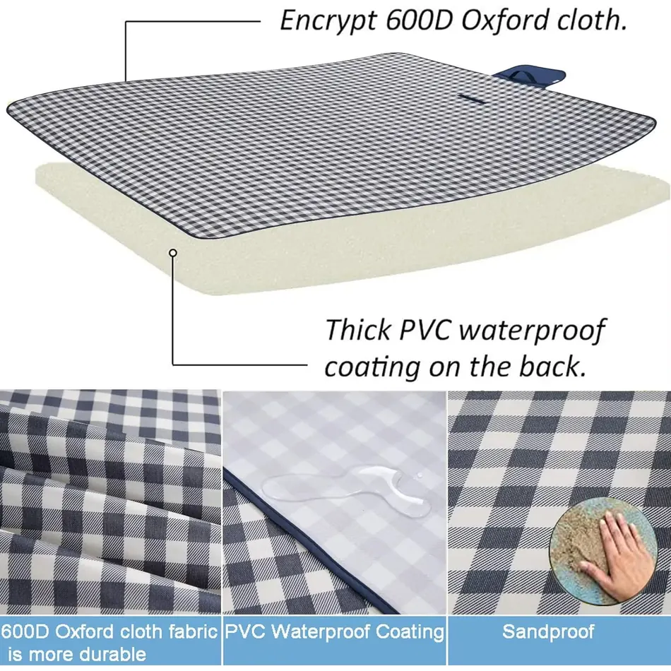 Cutaway of the MC Bear NZ Picnic Mat showing the 600D Oxford top and thick PVC waterproof backing